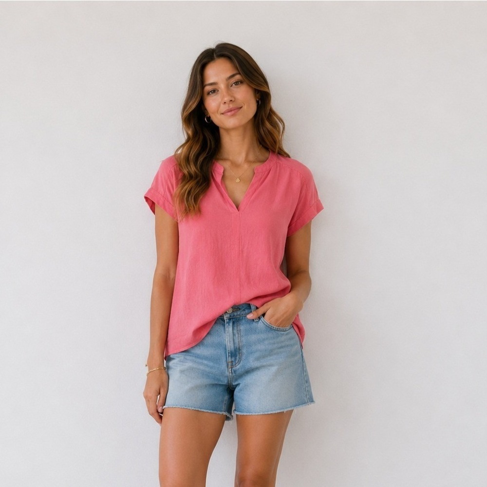 Splendid Coral Linen Blouse Top Women's Size Medium | Relaxed Cap Sleeve Top